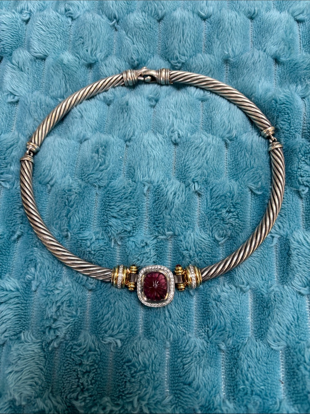 David Yurman Silver Cable Necklace with Burgundy Center Stone and Gold Accents